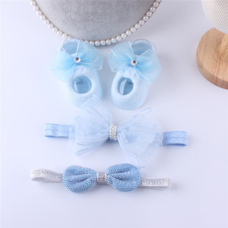 Prinzessinnen-socken- und haarband-einstellen für babys und kleinkinder, atmungsaktive spitze, pailletten, schleife, haarband mit blumenmuster, 3 -teilig