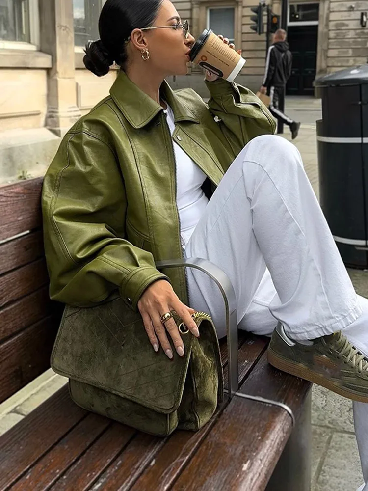 Groene mode oversized rits dames leren jas elegante kraag lange mouw casual jas dame chique losse streetwear