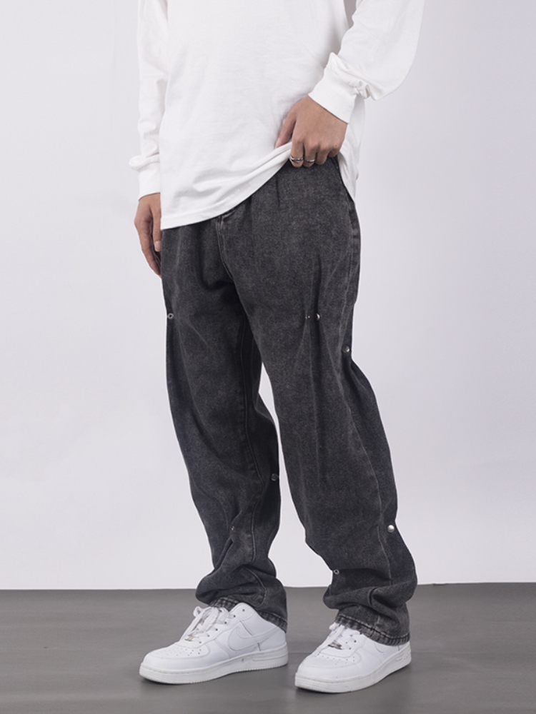 Pantalones vaqueros con remaches para hombre, vaqueros con botones lavados, urbana americana, pantalones vaqueros sueltos informales de Hip Hop, pantalones vaqueros acampanados