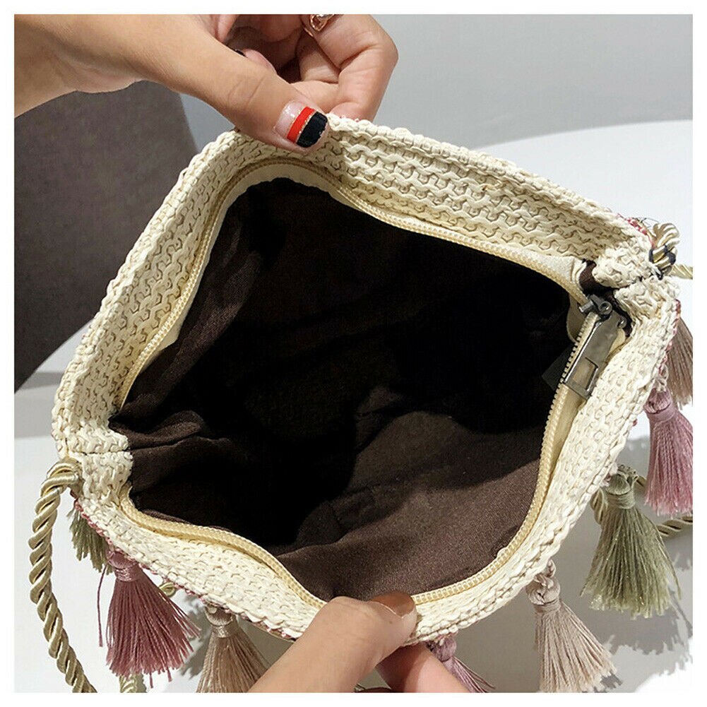 Newest Summer Women Fringed Ethnic Wind Woven Straw Weave Handbag Shoulder Messenger Bags Satchel Tote Purse Tassel Bag