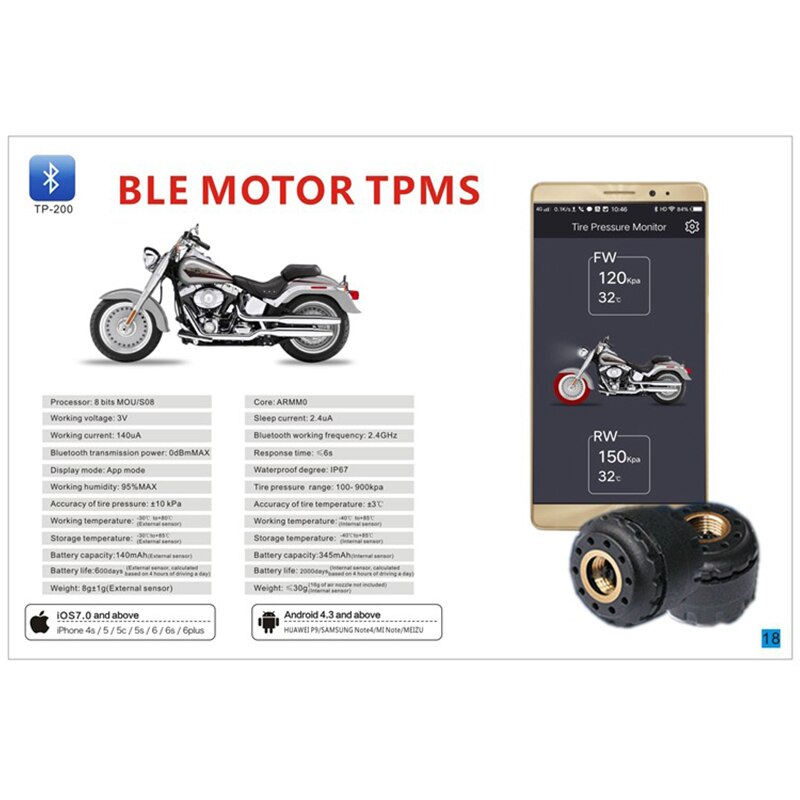 Sistema de monitoramento pressão dos pneus da motocicleta sensor externo tpms roda segurança sem fio bluetooth moto para ios android app
