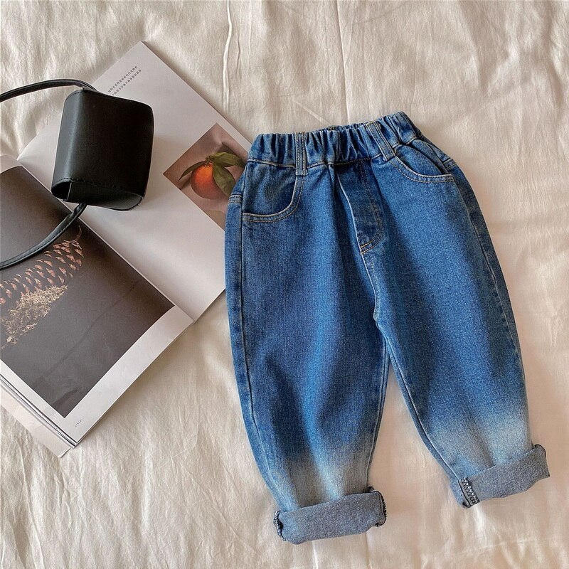 Jean de Style coréen pour garçons et filles, taille élastique, ample, pantalon en Denim, couleur dégradée, vêtements pour enfants, automne , E2800