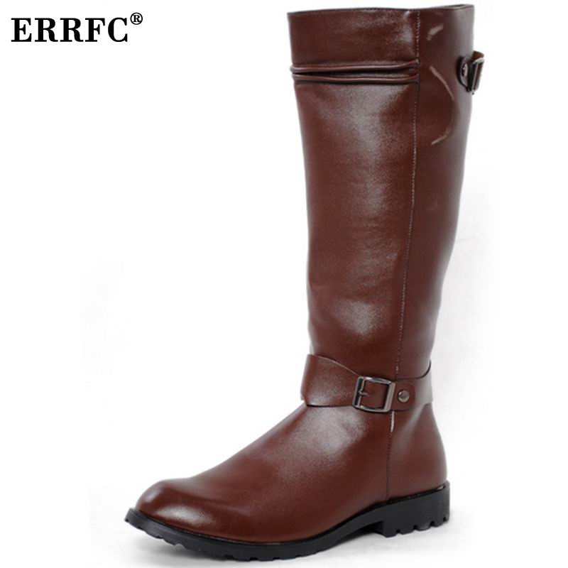ERRFC – chaussures montantes en cuir PU pour hommes, bottes de Cowboy à bout rond de 44cm, avec boucle marron, pour les loisirs, tendance