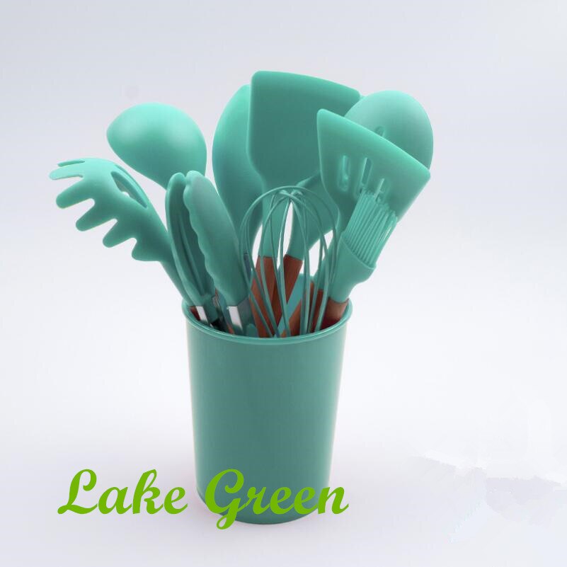 12pc/set Cooking Tools Set Premium Silicone Kitchen Cooking Utensils Set with Storage Box Turner Tongs Spatula Soup Spoon K001: Lake green