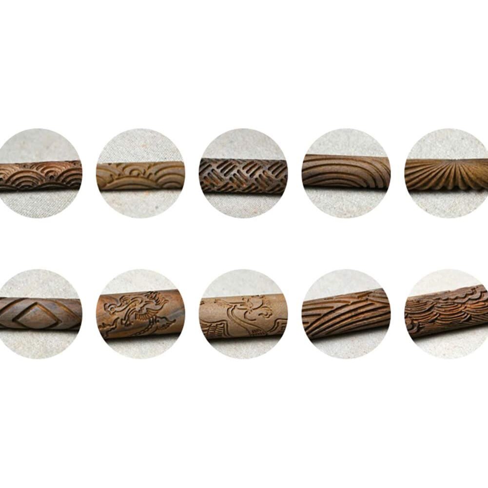 Pottery Tools,Wooden Handle Rollers Clay Modeling Pattern Rollers Kit Pottery Tools Set with Assorted Patterns 10Pcs