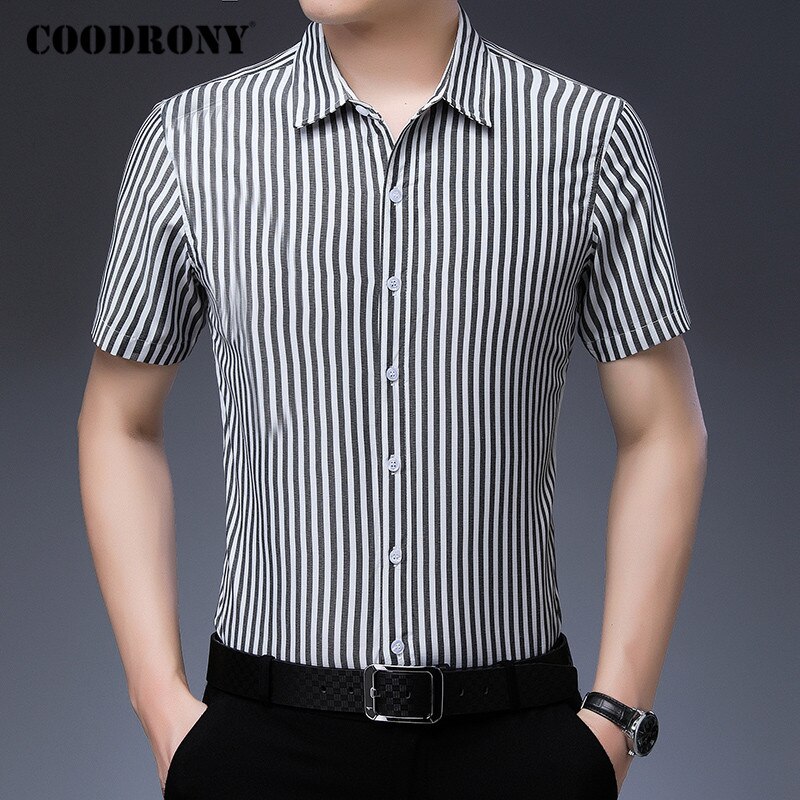 Coodrony raidallinen puuvillapaita miehet business casual paidat miesten vaatteet kevät kesä lyhythihainen camisa social masculina  c6033s: Musta / Xxl