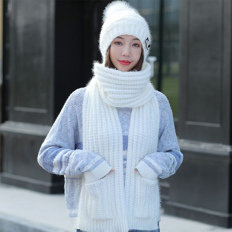 Otoño Invierno sombreros de mujer sombreros de de bufanda tejida dos piezas mujeres Gorros Casual Cap Scarf Chapeu Feminino Bonet