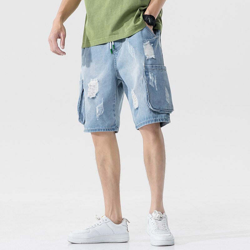 Plus Size 5XL-M Summer Destroyed Denim Shorts Men Clothing Side Big Pockets Loose Casual Jeans Short Homme Blue: Asian 3XL 78-90KG