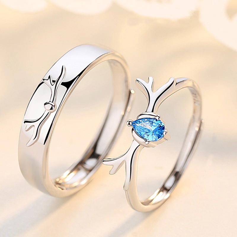 Blue Crystal Elk Antlers Adjustable Rings Deer Horn Zircon Lovers Couples Rings For Women Men Engagement Wedding Jewelry