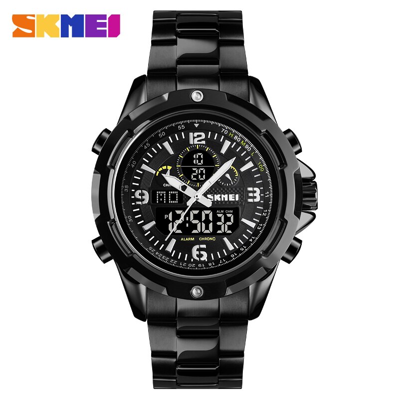 Skmei Heren Horloges Quartz Sport Horloge Luxe Stalen Band Stopwatch Chrongraph Digitale Horloge 2Time Horloge Mannen Outdoor Klok: black black