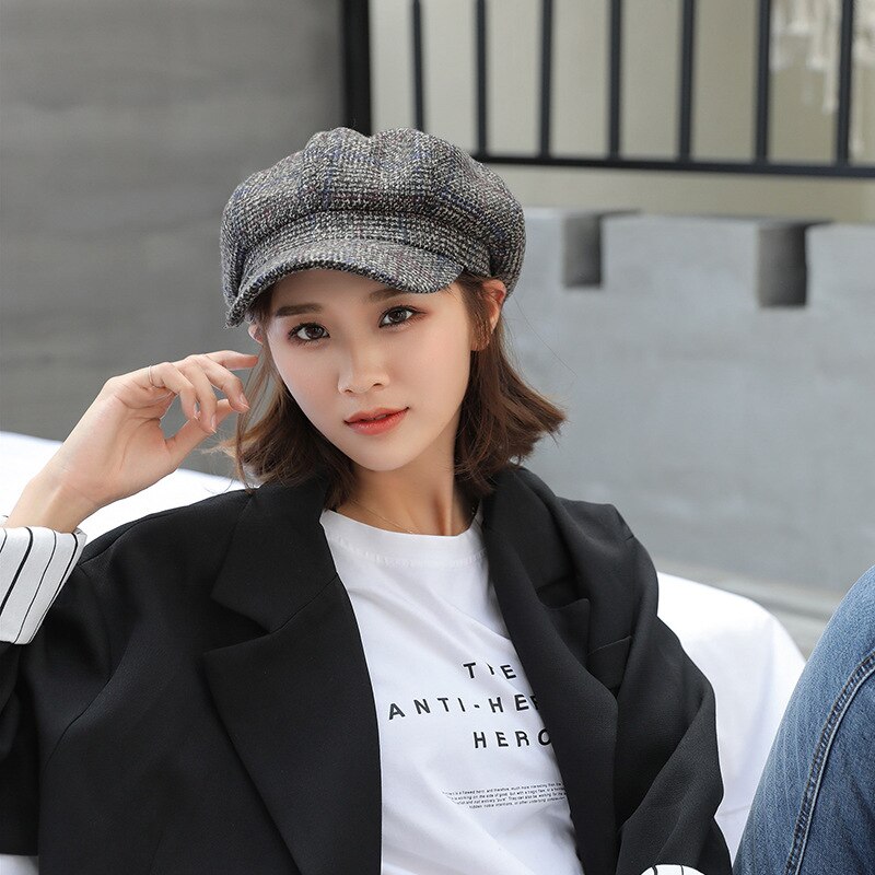 CANZE Autumn Winter Women Octagonal Hat British Beret Korean Japanese Peaked Cap Beret Hat: Gray