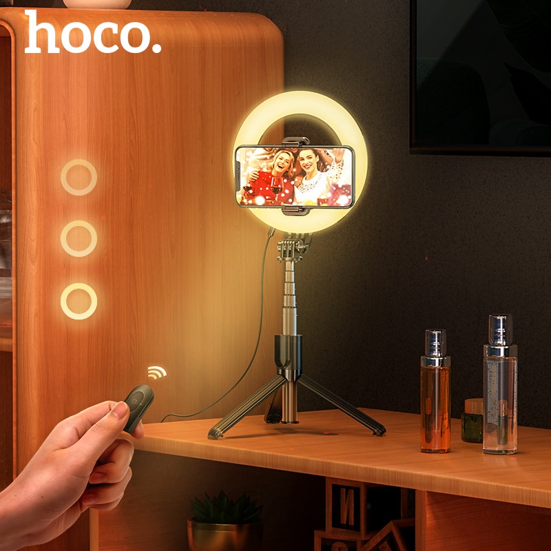 Hoco Ring Licht Met Statief Telefoon Houder 3 Licht Modi Selfie Ring Licht Kit Draadloze Bluetooth Selfie Stok Handheld