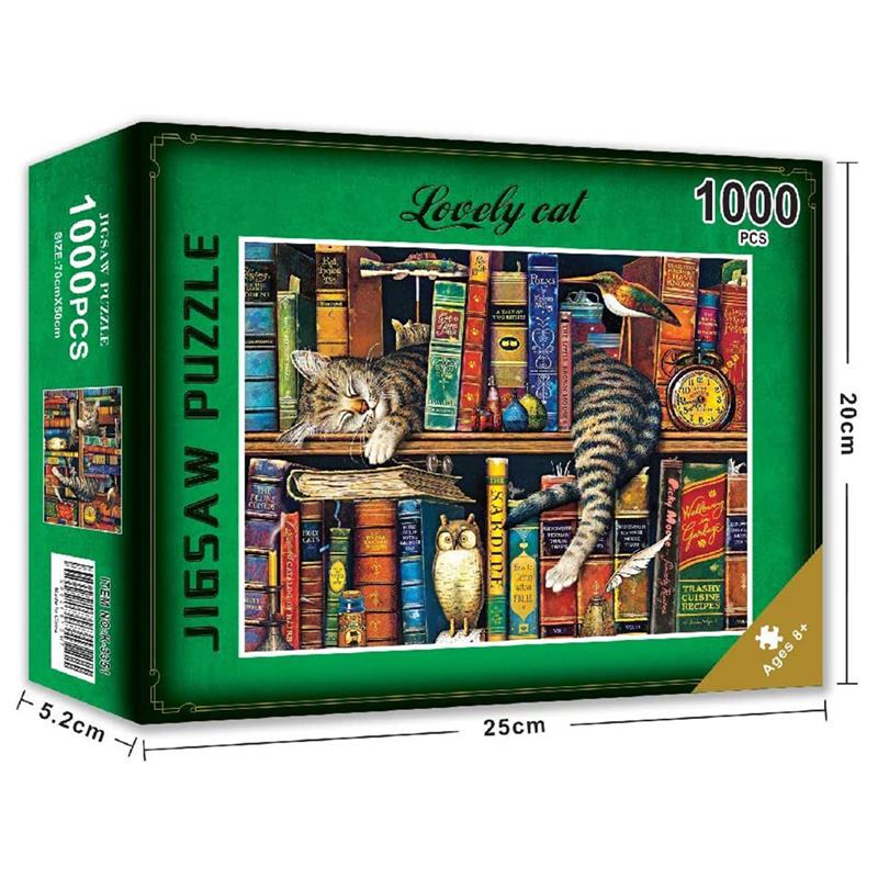 Lazy Cat – Puzzle de 1000 pièces, Puzzle de paysage de chat, étagère de bibliothèque, jouet d'assemblage à monter soi-même pour adultes et enfants