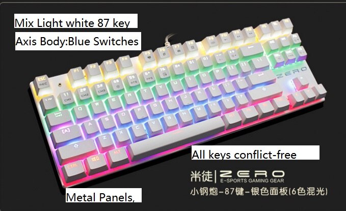 Metoo Backlight Mechanical Keyboard Blue Switch 87 Keys LED USB Wired Anti-Ghosting Gaming Keyboard Russian sticker: Mix Light White 87