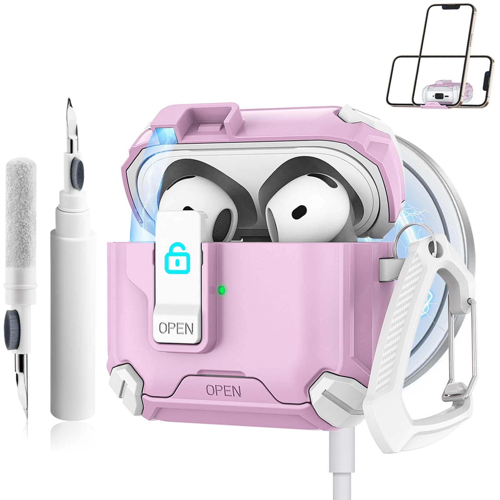 Etui til airpods 4 med magsafe magnetisk automatisk lås med telefonstativ beskyttelsesdeksel med rengjøringssett etui til airpods 4: Hvete