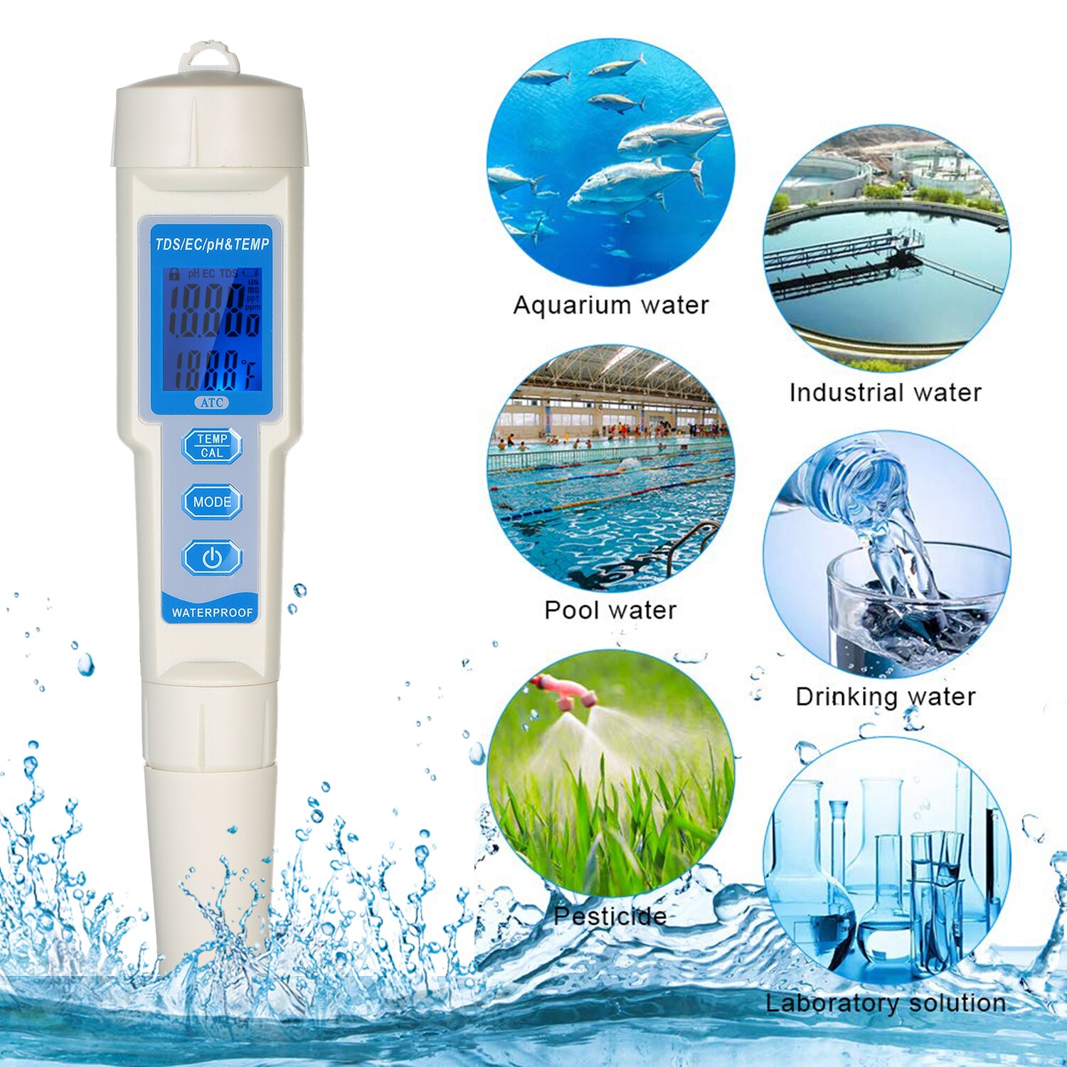 4-in-1 Water Tester Pen Waterproof Water Analysis Instrument PH/EC/TDS & Temperature Meter PH Meter TDS Meter