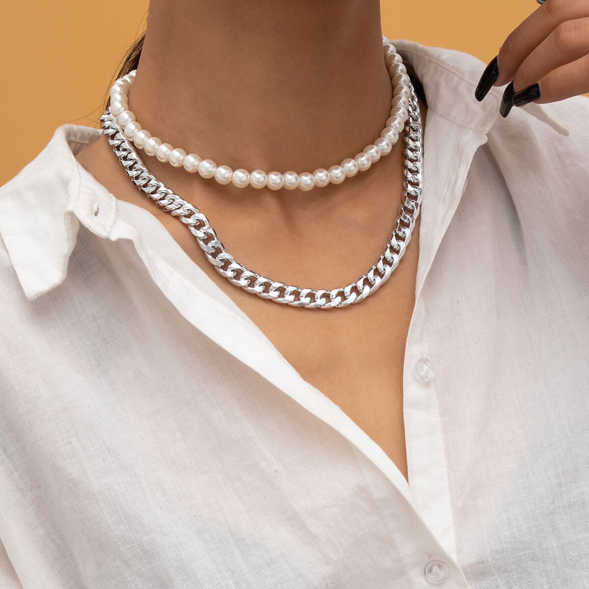Accessoires Temperament Eenvoudige Imitatie Parel Sautoir Vrouwelijke Kralen Mode Uitgeholde Geometrie Punk Ketting