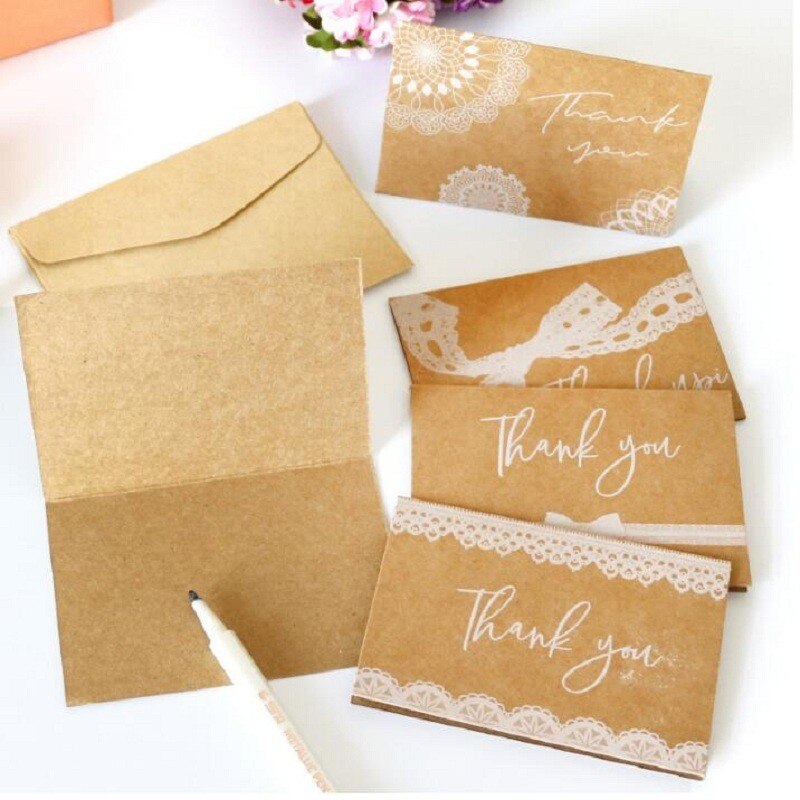 10packs Lace Pocket Wedding Invitations Card Thank you cowhide greeting card set 6 stickers with 6 envelopes with 6 folded cards