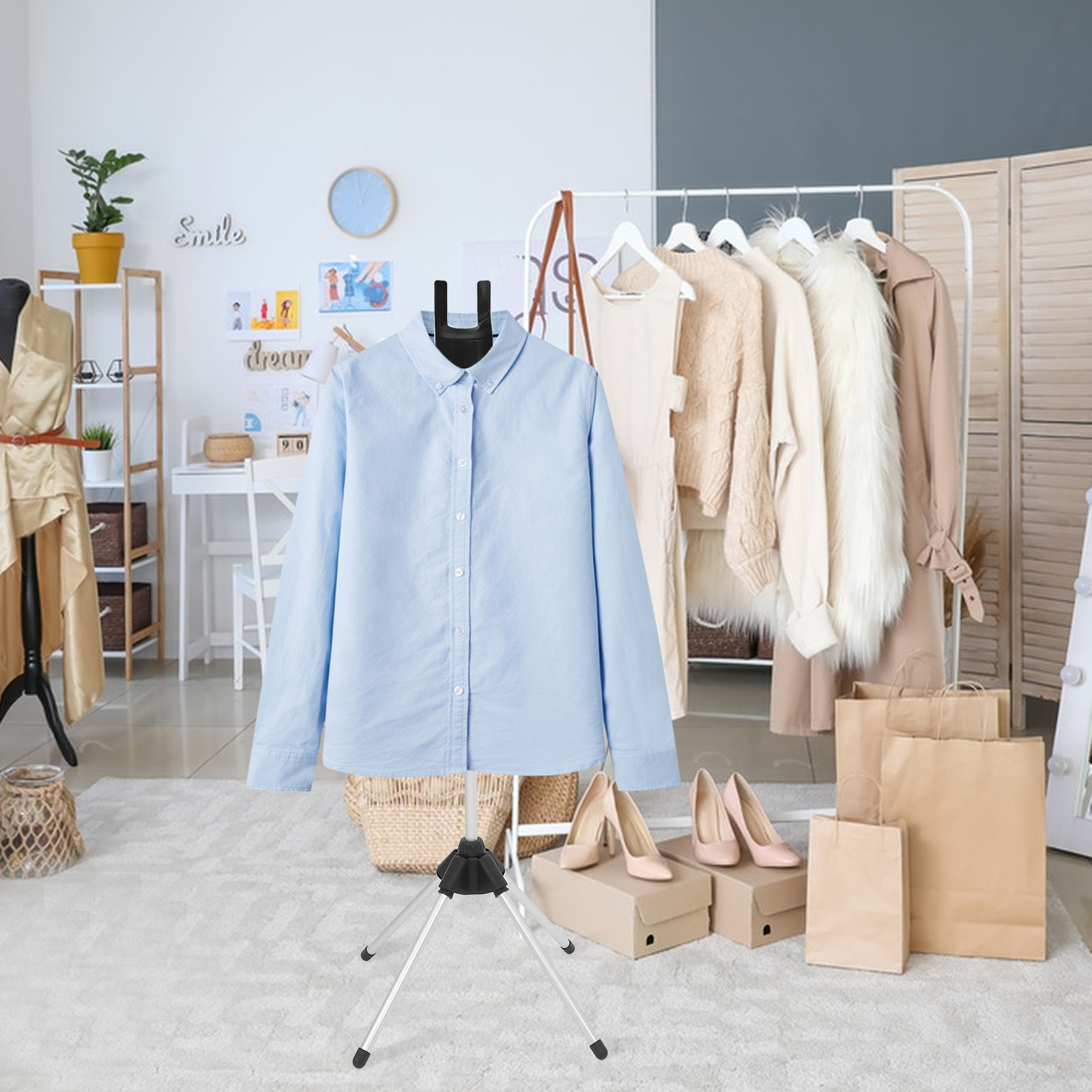 Wieszak robić prasowania z parownicą robić ubrań, regulowany stojak, suszarka robić płaszczy, składany parownik robić ubrań, prasowanie ręczne.