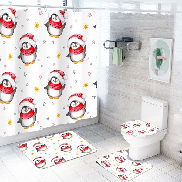 Kerst Pinguïn Douchegordijn Sets 4 Stuks Badmat Set Met Bad Rug Wc Cover Floor Mat, waterdicht Badkamer Gordijnen: color-2