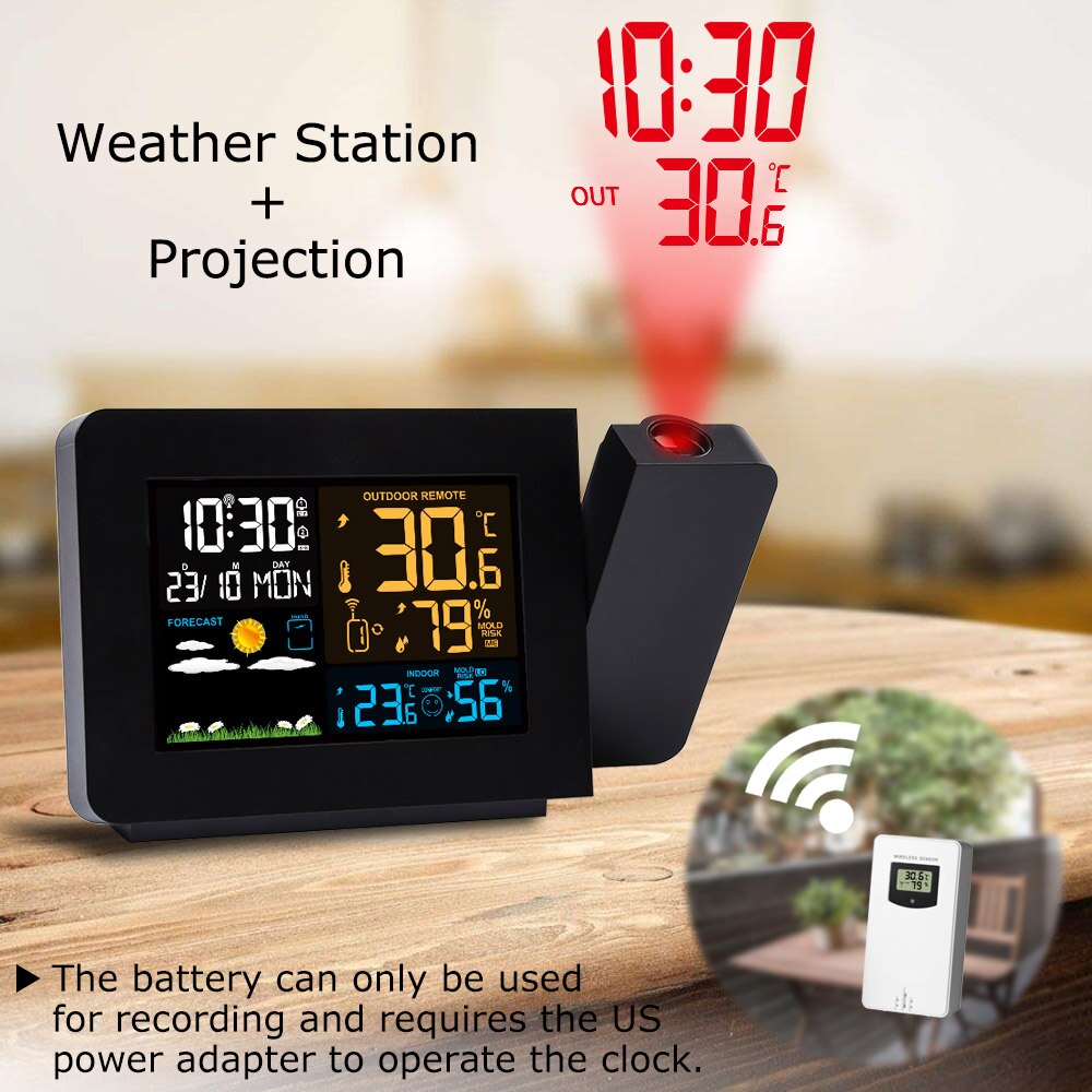 FJ3391 WWVB Radio Digital Clock Alarm US Pulg Barometer Forecast Wireless Projection Multifunctional LED Table Watch Clocks