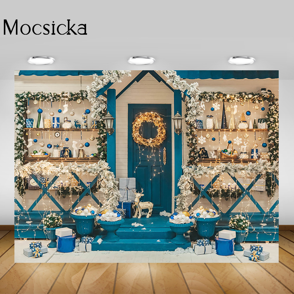Christmas Shop Backdrop Decorations Winter Blue House Birthday Cake Smash Portrait Background Merry Xmas Photography