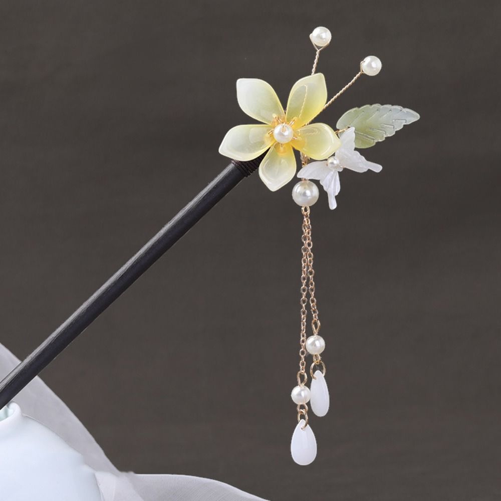 Tocados con borlas y flores, horquilla de madera para el cabello, horquilla para el cabello con perlas, accesorios para el cabello, horquilla Hanfu, palo para el cabello para niña: Marrón