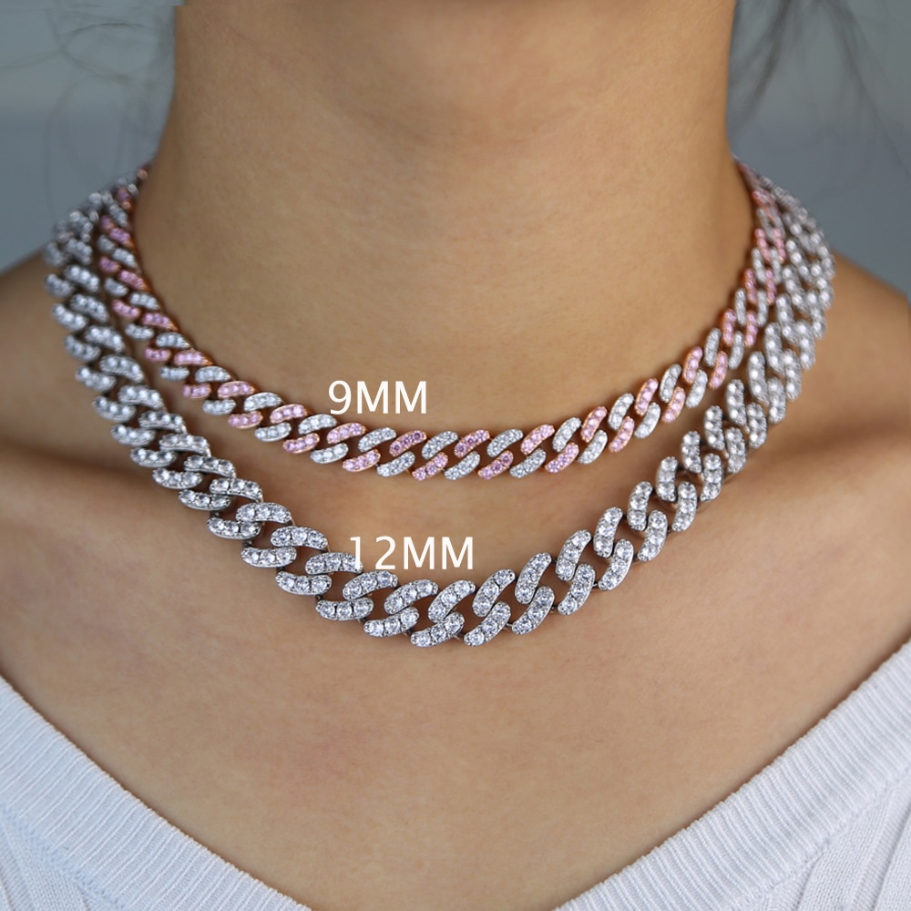 12mm Micro Pave CZ Cuban Link Necklaces pink Luxury Bling Bling choker Jewelry iced out bling zircon rock punk women men jewelry