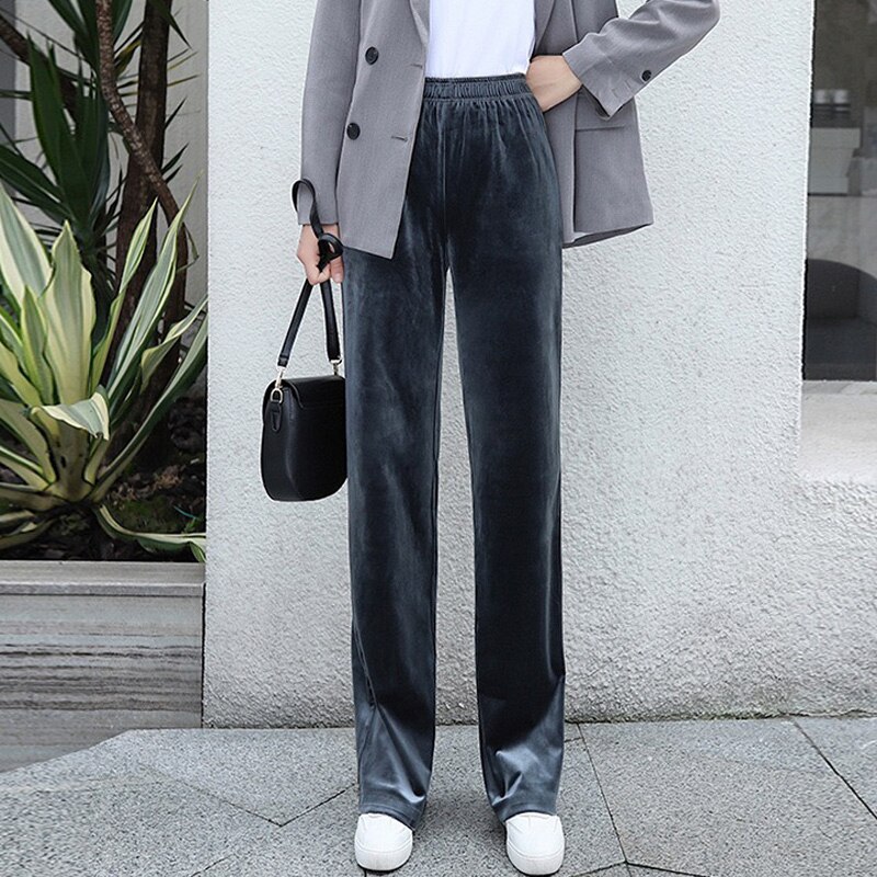Naisten housut suorat naisten housut leveät lahkeet korealaistyyliset #39 vintage sametti rento väljät housut sopivat toimistoon: Tummanharmaa / Xl