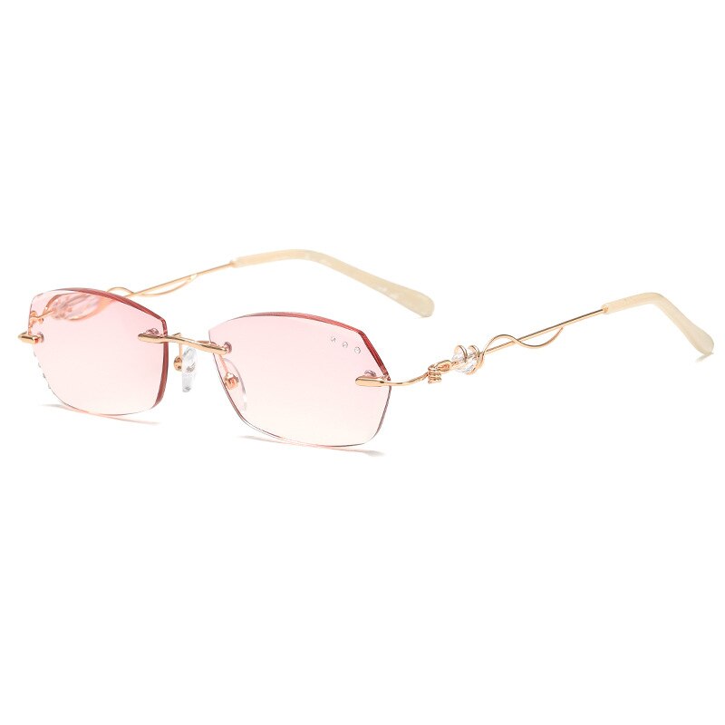 Gafas de lectura de aleación de corte de diamante sin montura para mujer con gradiente Rosa + 1 + 1,5 + 2 + 2,5 + 3 sin montura de Metal con diamantes de imitación Anti azul: +400