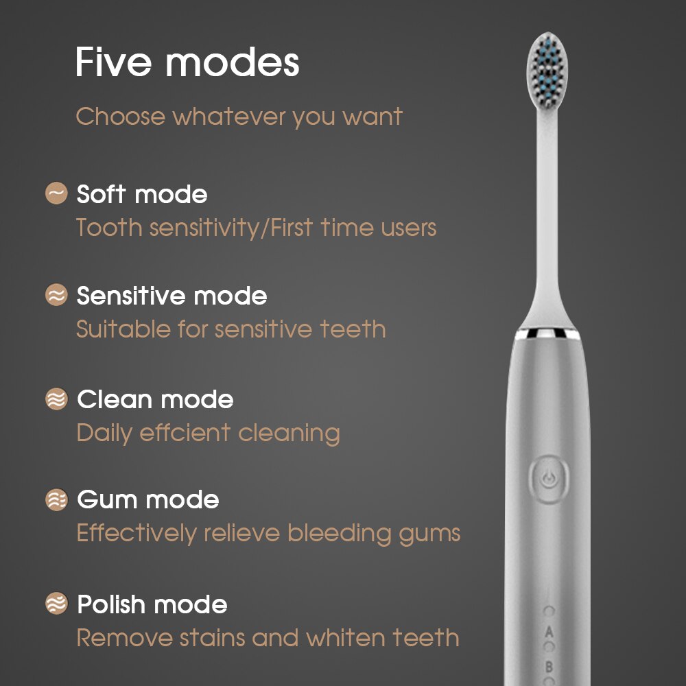 ZS-cepillo de dientes eléctrico sónico para adultos, dispositivo IPX7 recargable por USB, lavable, 5 modos, cuidado de las encías, con 8 cabezales de repuesto