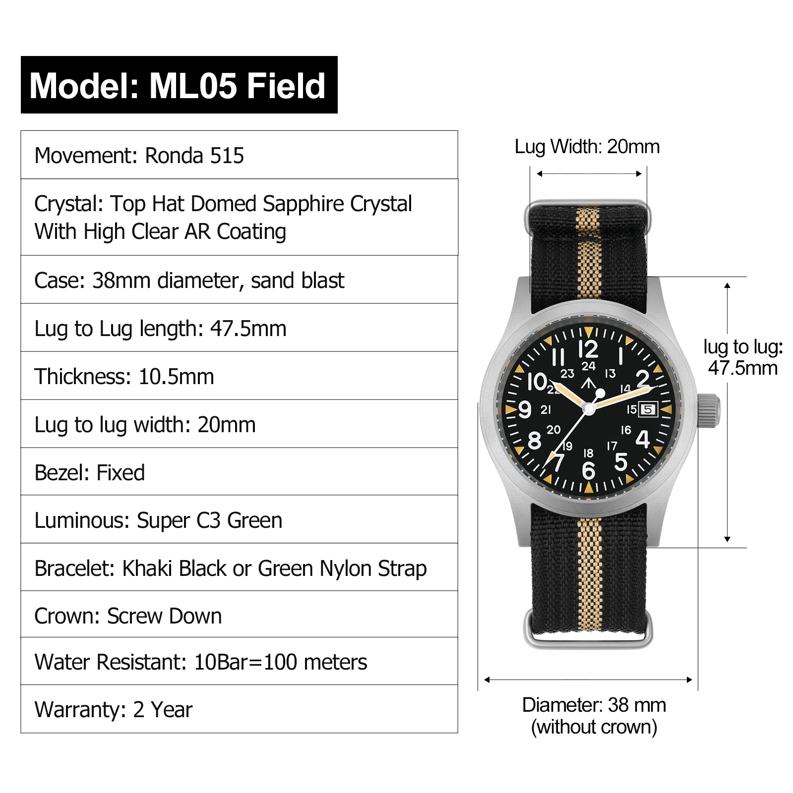 Relojes Militado ML05 Ronda 515 con movimiento de campo, cristal de zafiro con cúpula y reloj de pulsera con revestimiento AR muy transparente, relojes Vintage de 38mm