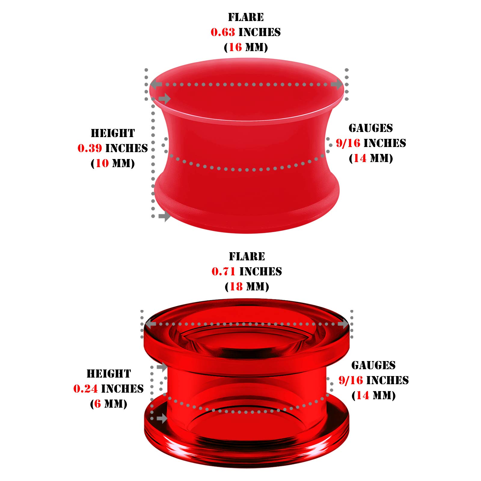 1 Paar rot Silikon doppelt ausgestellte Sattel durchbohren Schmuck Trage Ohr stöpsel Ohrring lappen Acryl Außen fleisch Tunnel 3-20mm