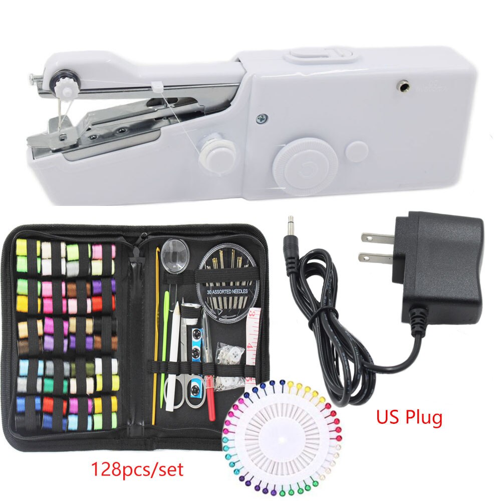 Portable Mini Hand Sewing Machine Handy Stitch Sew Needlework Cordless Clothes Fabrics Electric Sewing Machine with Sewing Kits: Set 2