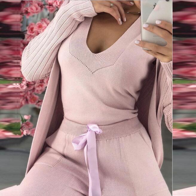 3 pieces set Women's knit suit long sleeve Soft Wool Warm Thcik Female winter cltohes suits: pink