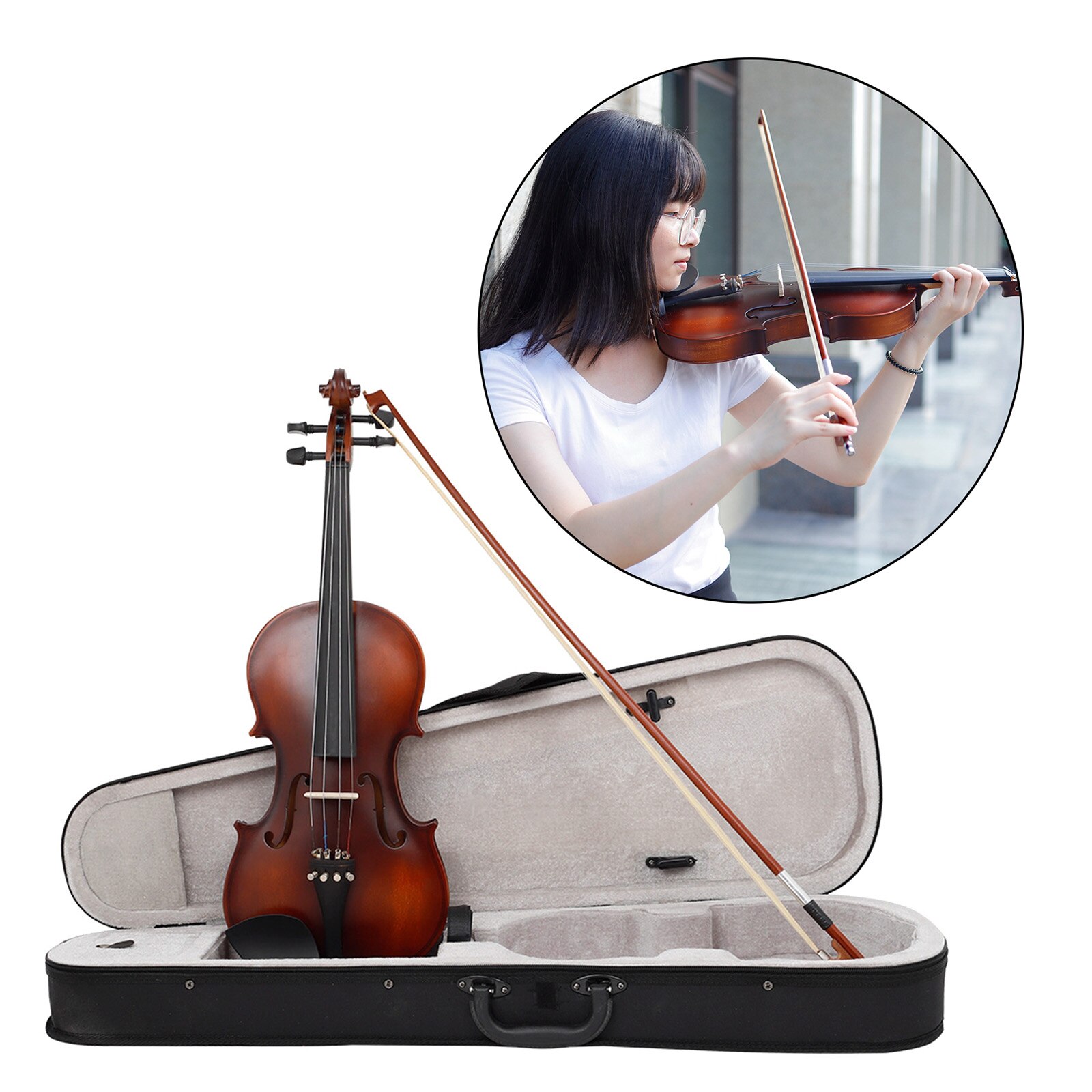 Full Size 4/4 Solid Wood Violin with Bow and Case Antique Finished