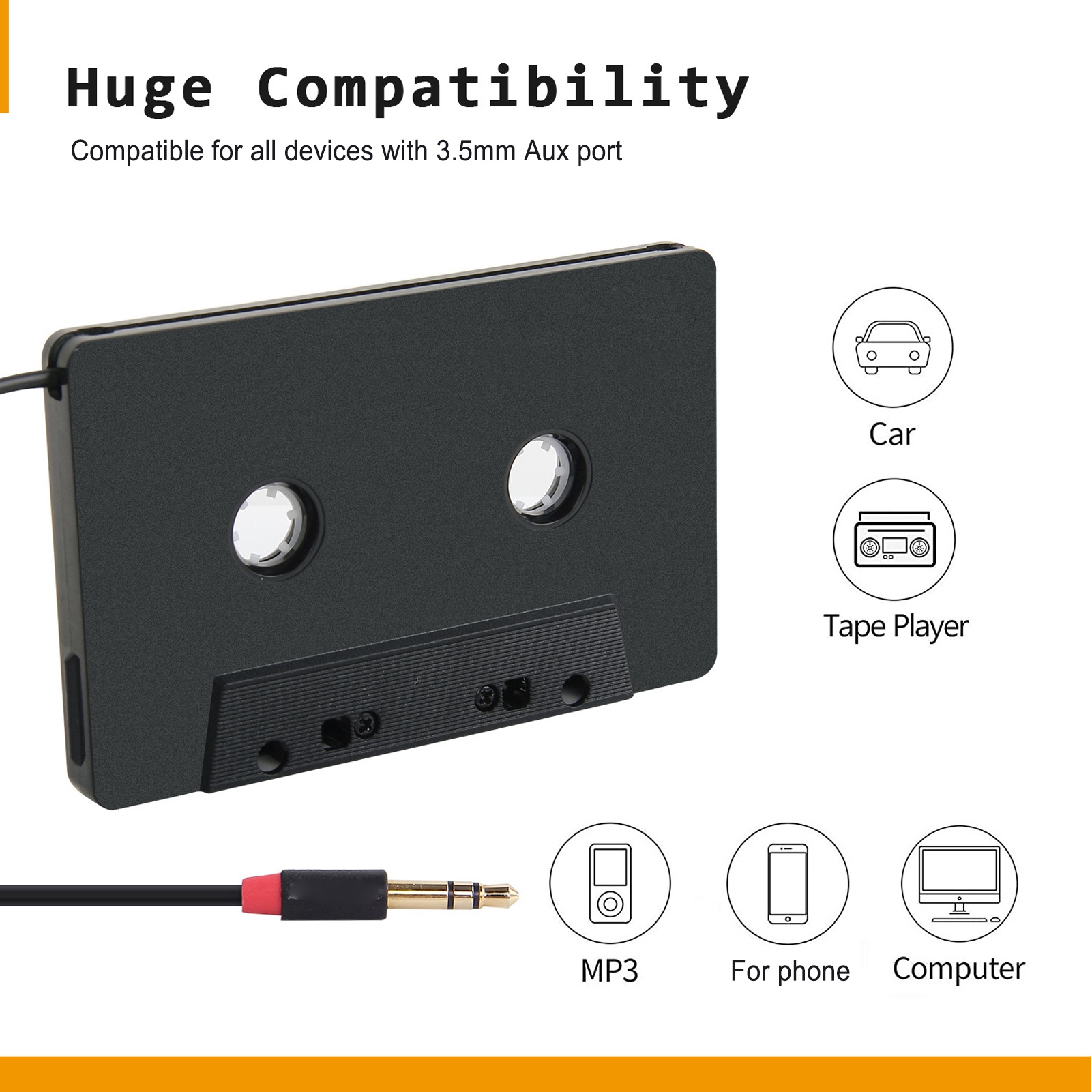 3.5mm Car Audio Cassette to Aux Adapter Stereo 4 Channel Output Cassette Tape Player 3.5mm Auxillary Cable Tape Adapter