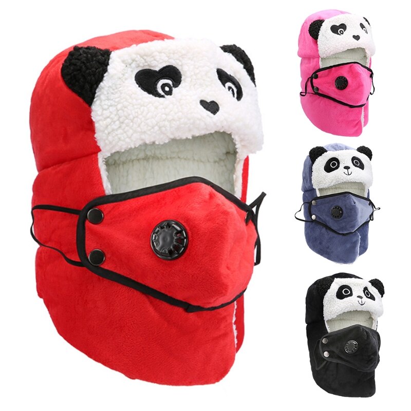Gorro de invierno con estampado de oso Panda, gorro de lana de imitación con solapa y máscara
