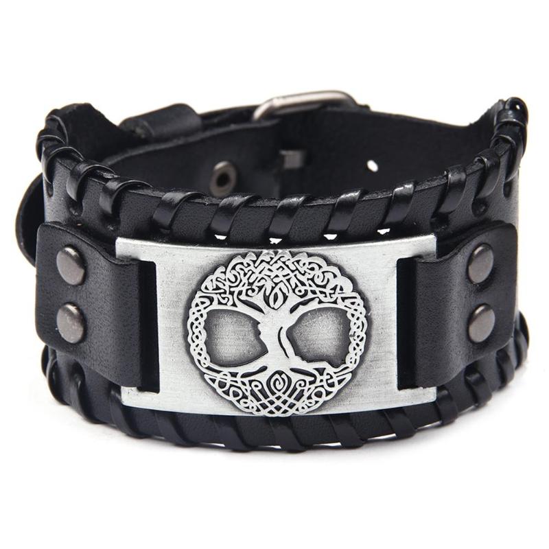 Brazalete Vintage de cuero Ancho ajustable para hombre, pulsera con cabeza de Lobo, joyería de ancho, pulseras Vintage, brazalete nórdico, Vikingo para hombre: Tree Silver