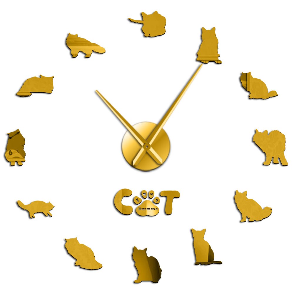 Burmese Cat DIY Acrylic Wall Clock For Bedroom Wall Decor Cat Breed Silent Quartz Big Time Clock With Acrylic Mirror Sticker: Gold / 47inch