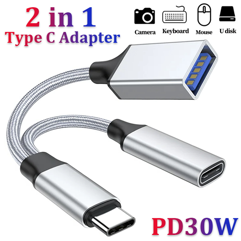 2 IN 1 USB C OTG Cable Adapter Type C to USB3.1 PD 30W Fast Charger Port with USB Female Splitter Adapter for Samsung Xiaomi