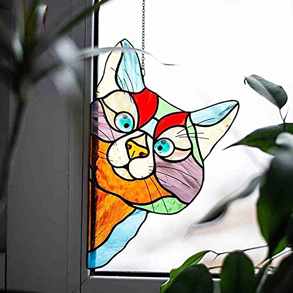 1PC Stained Glass Cat 3D Stained Glass Cat Window Hanger Peeking Cat Hanging Pendant Decor For Window Funny Cat Decor