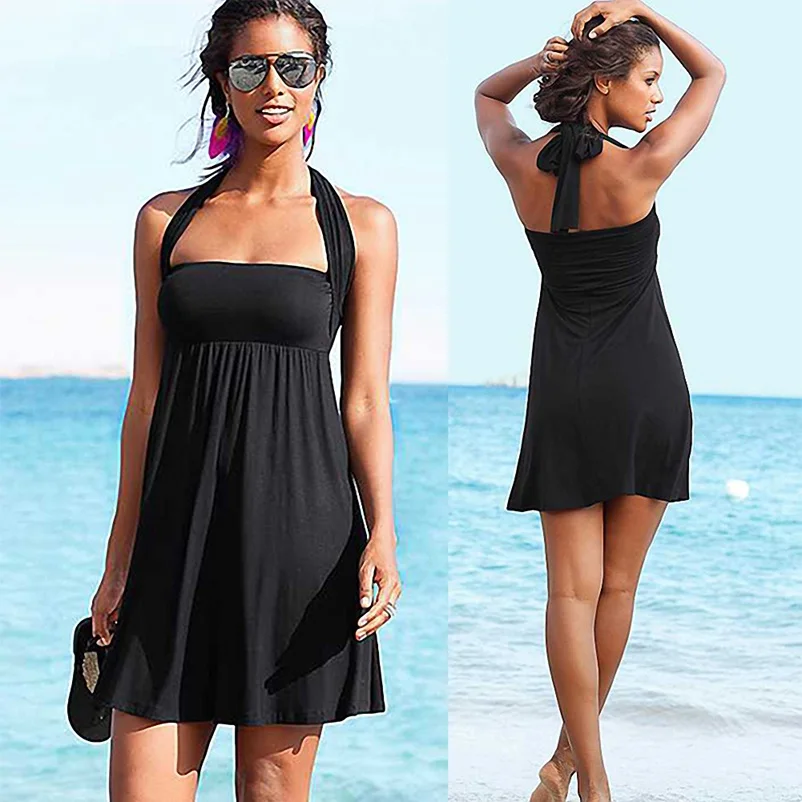 Beach Dress Cover Ups Swimsuit Swimming Sundress Beachwear Wear Pareo Crotch Tunic Woman Girl Bikini Bathing Suit Clothing VB007: M / black