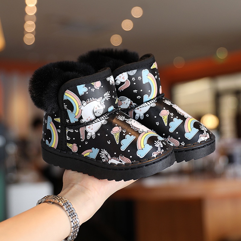 Meninas quentes botas de neve 2020 inverno novo dos desenhos animados arco-íris princesa botas bebê grosso algodão sapatos crianças botas de tornozelo de couro