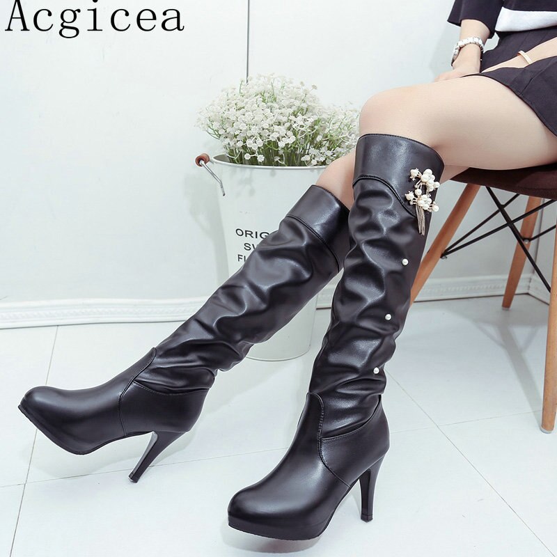 nouvelle pluie femmes bottes luxueux perle mince talons hauts chaussures femme hiver classique Cool dames genou haute botte noire