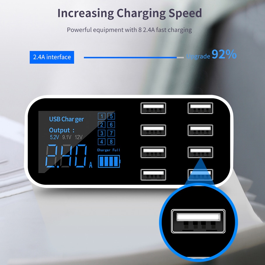 Multiple 8 Port Car Fast Charger USB Power Splitter Socket USB 3.0 Hub Quick Charger LED Display Digital Voltmeter Dock Station