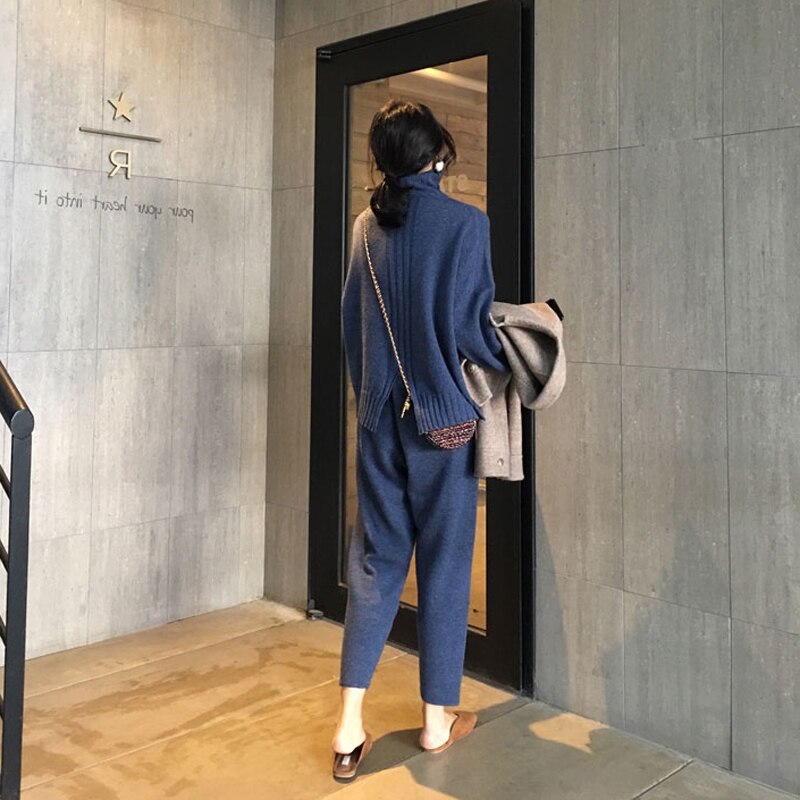 Herfst winter gebreide trainingspak coltrui sweatshirts dames pak kleding 2- delige set gebreide broek dames broekpak