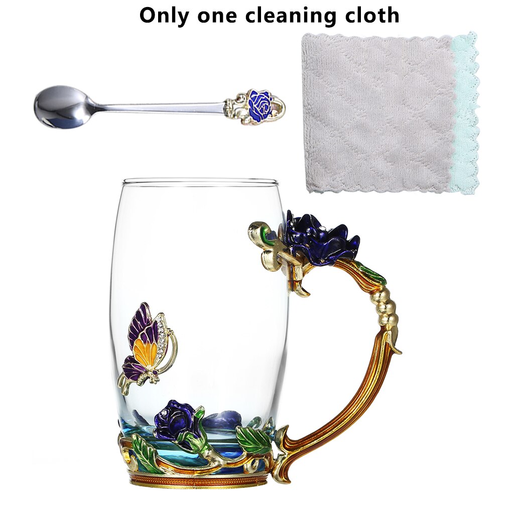 FenKicyen Enamel Glass Cup Red Blue Rose Flower Coffee Cup Wine Cocktail Glasses Tea Mug With Spoon For Lover 320-350ml 1pc: Blue Rose-350ml