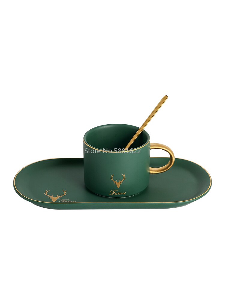 Europese Luxe Gouden Rand Keramiek Koffie Kopjes En Schoteltjes Lepel Sets Met Geschenkdoos Thee Sojamelk Ontbijt Mokken Dessert plaat