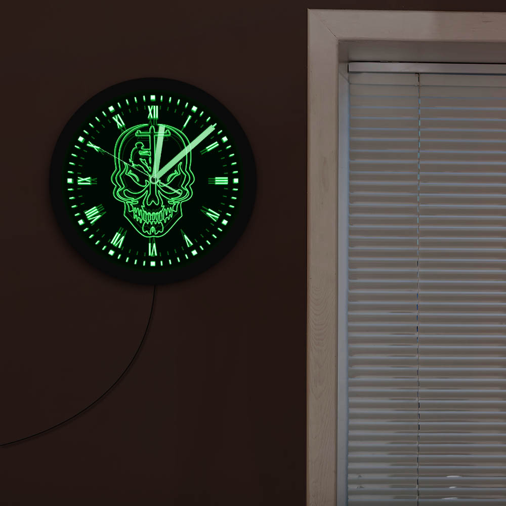 Power Lineman Electric LED Neon Wall Clock Lineman Skull Head Portrait Electrician Engineering Skull Wall Clock Glow in Dark
